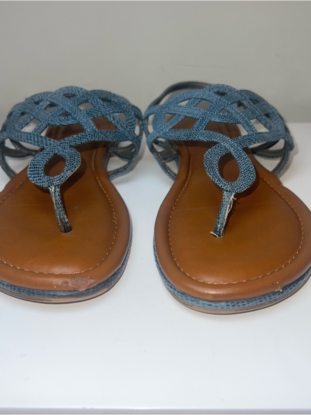 Kelly & Katie Woven Strap Women's Flat Sandals in Light Blue and Brown - Picture 4 of 13